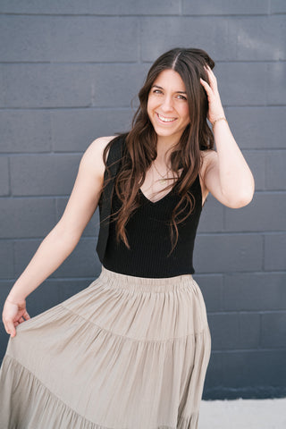 Knotted Shoulder Ribbed Sweater Tank - Black