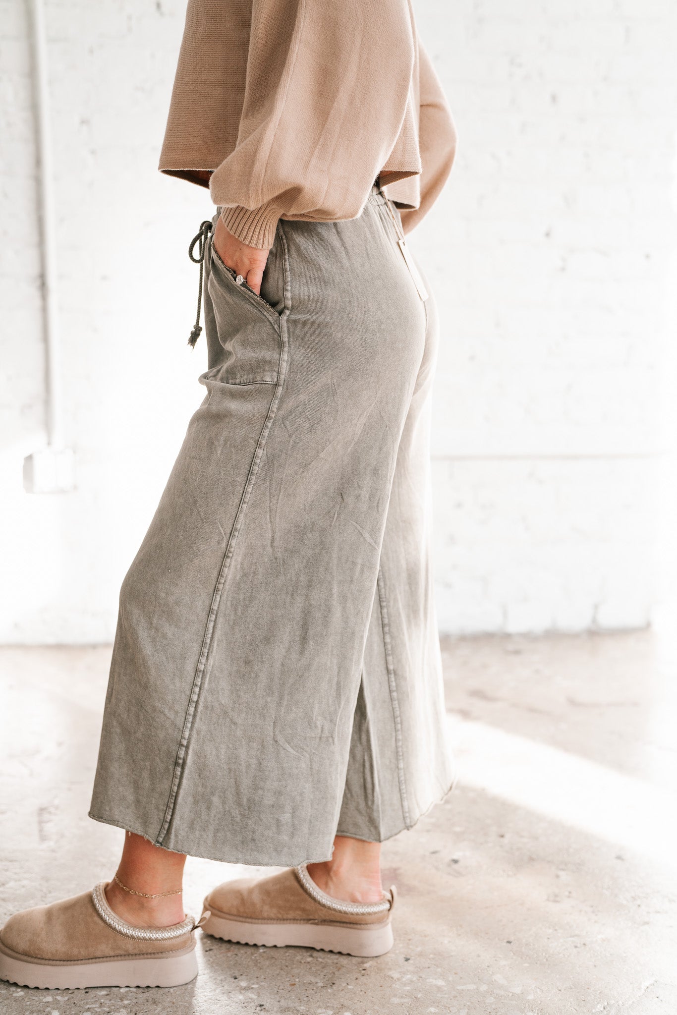 Can't Be Matched Mineral Wash Wide Leg Pants - Olive