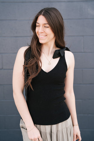 Knotted Shoulder Ribbed Sweater Tank - Black