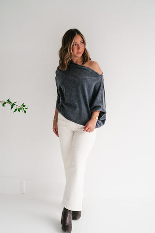 Sundown Off-Shoulder Washed Dolman Sleeve Top - Navy