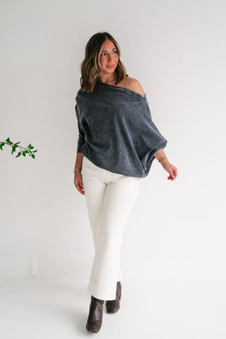 Sundown Off-Shoulder Washed Dolman Sleeve Top - Navy