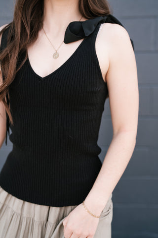 Knotted Shoulder Ribbed Sweater Tank - Black