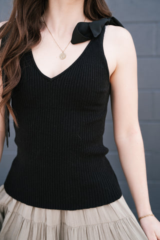 Knotted Shoulder Ribbed Sweater Tank - Black