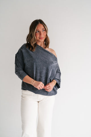Sundown Off-Shoulder Washed Dolman Sleeve Top - Navy