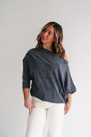 Sundown Off-Shoulder Washed Dolman Sleeve Top - Navy
