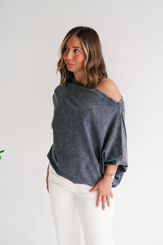 Sundown Off-Shoulder Washed Dolman Sleeve Top - Navy