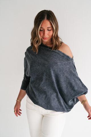 Sundown Off-Shoulder Washed Dolman Sleeve Top - Navy