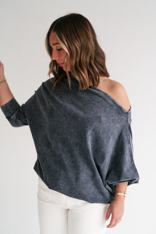 Sundown Off-Shoulder Washed Dolman Sleeve Top - Navy