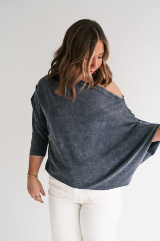 Sundown Off-Shoulder Washed Dolman Sleeve Top - Navy