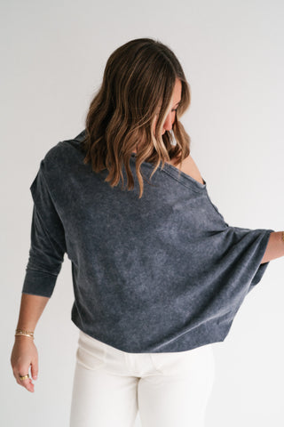 Sundown Off-Shoulder Washed Dolman Sleeve Top - Navy