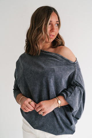 Sundown Off-Shoulder Washed Dolman Sleeve Top - Navy