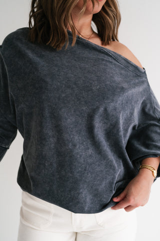 Sundown Off-Shoulder Washed Dolman Sleeve Top - Navy