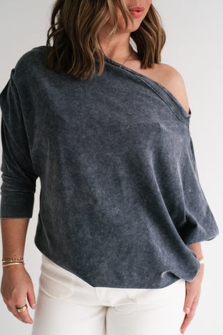 Sundown Off-Shoulder Washed Dolman Sleeve Top - Navy