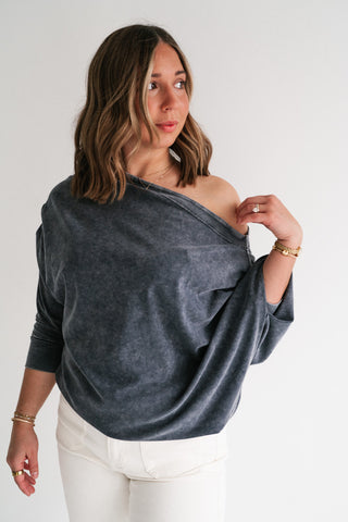 Sundown Off-Shoulder Washed Dolman Sleeve Top - Navy