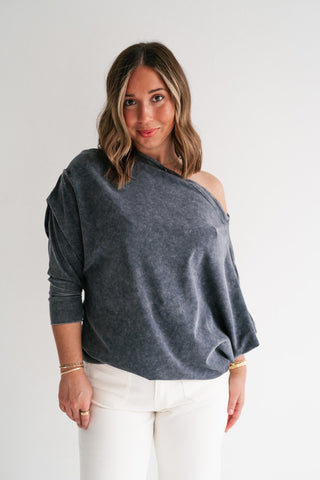 Sundown Off-Shoulder Washed Dolman Sleeve Top - Navy