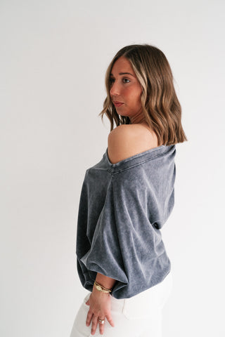 Sundown Off-Shoulder Washed Dolman Sleeve Top - Navy