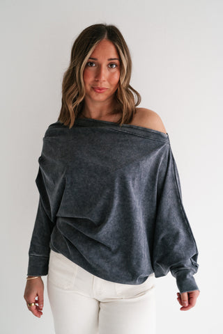 Sundown Off-Shoulder Washed Dolman Sleeve Top - Navy