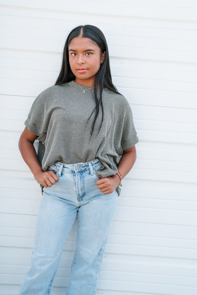 Summer Days Ribbed Short Sleeve Top- Olive