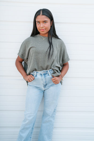 Summer Days Ribbed Short Sleeve Top- Olive