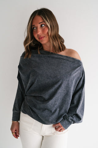Sundown Off-Shoulder Washed Dolman Sleeve Top - Navy
