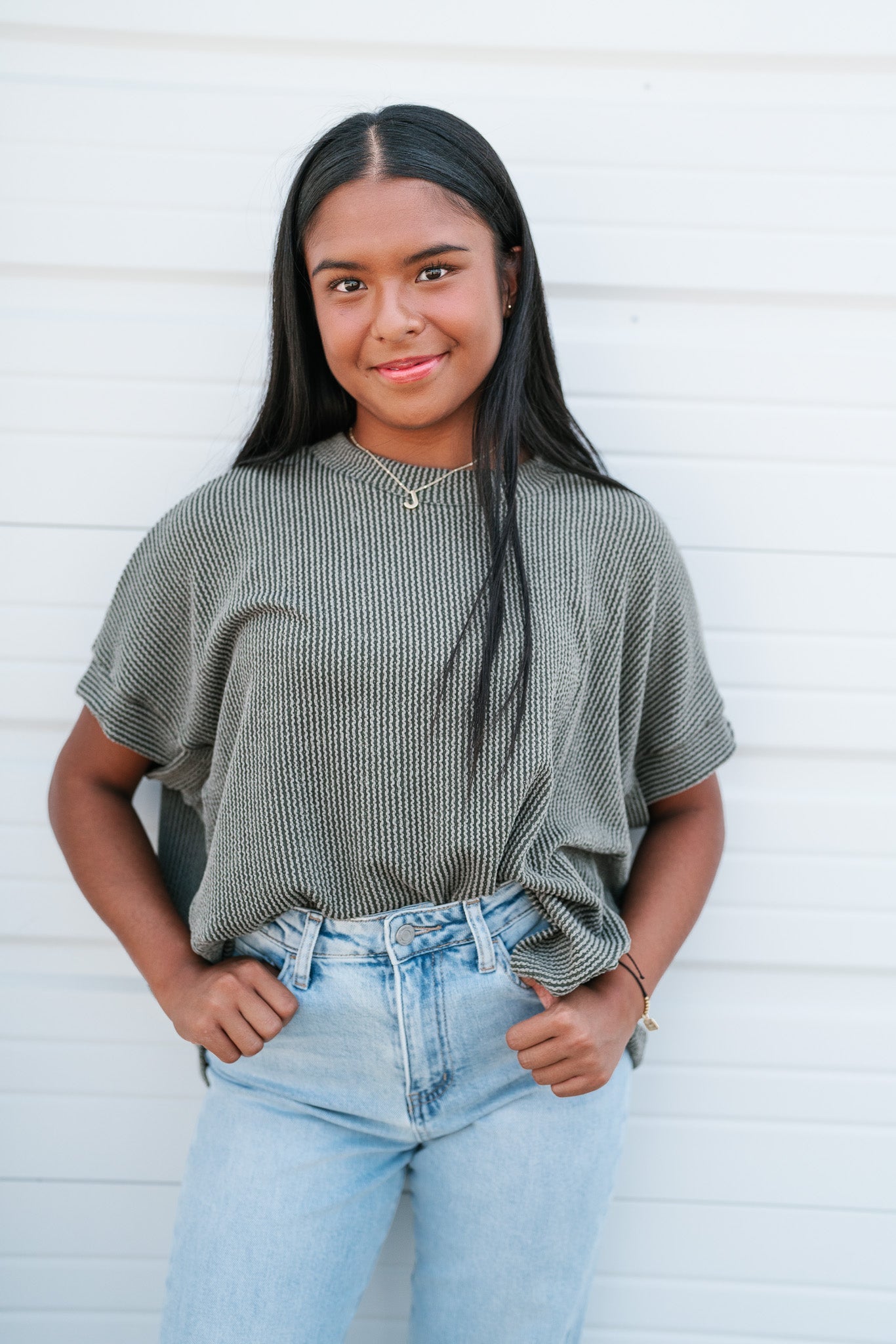 Summer Days Ribbed Short Sleeve Top- Olive