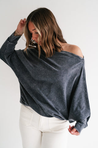 Sundown Off-Shoulder Washed Dolman Sleeve Top - Navy