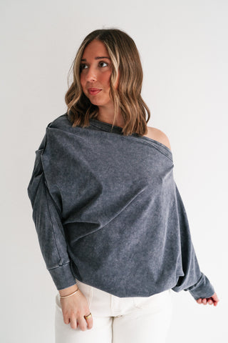 Sundown Off-Shoulder Washed Dolman Sleeve Top - Navy