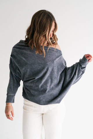 Sundown Off-Shoulder Washed Dolman Sleeve Top - Navy