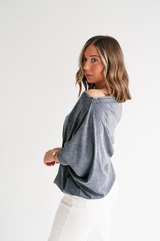 Sundown Off-Shoulder Washed Dolman Sleeve Top - Navy