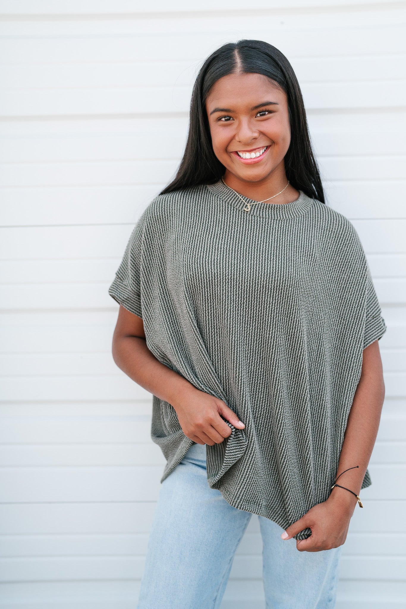 Summer Days Ribbed Short Sleeve Top- Olive