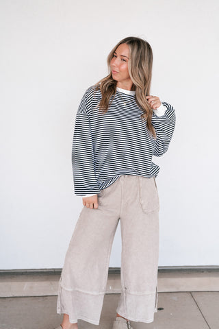 Fine Line Relaxed Striped Everyday Top - Black