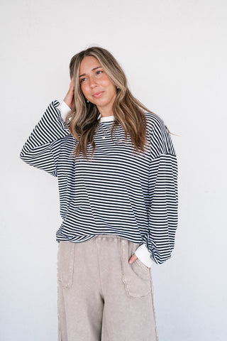 Fine Line Relaxed Striped Everyday Top - Black
