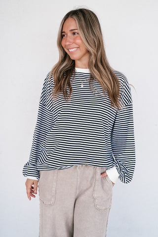 Fine Line Relaxed Striped Everyday Top - Black