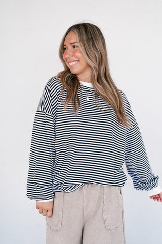 Fine Line Relaxed Striped Everyday Top - Black