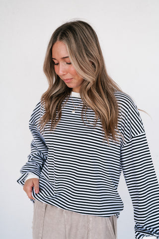 Fine Line Relaxed Striped Everyday Top - Black