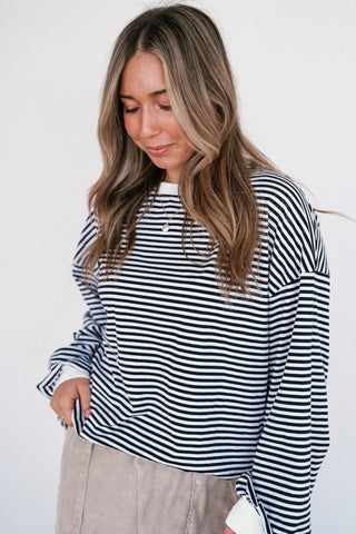 Fine Line Relaxed Striped Everyday Top - Black
