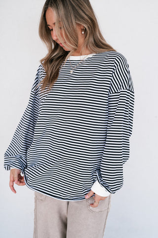 Fine Line Relaxed Striped Everyday Top - Black