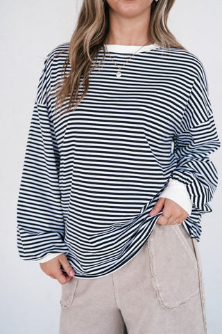 Fine Line Relaxed Striped Everyday Top - Black