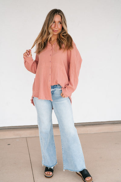 DOORBUSTER: Easy Days Button-Up Top - Dusty Rose