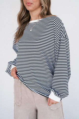 Fine Line Relaxed Striped Everyday Top - Black