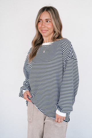 Fine Line Relaxed Striped Everyday Top - Black