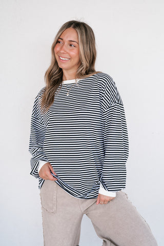 Fine Line Relaxed Striped Everyday Top - Black