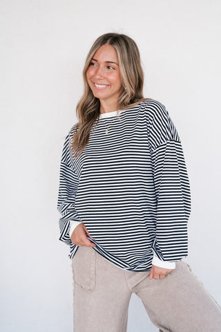 Fine Line Relaxed Striped Everyday Top - Black