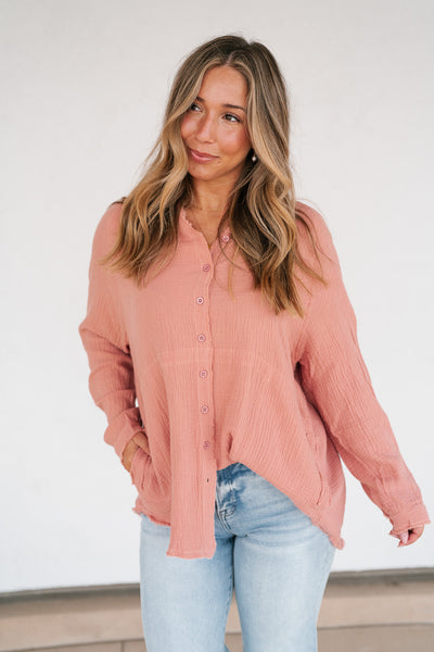 DOORBUSTER: Easy Days Button-Up Top - Dusty Rose