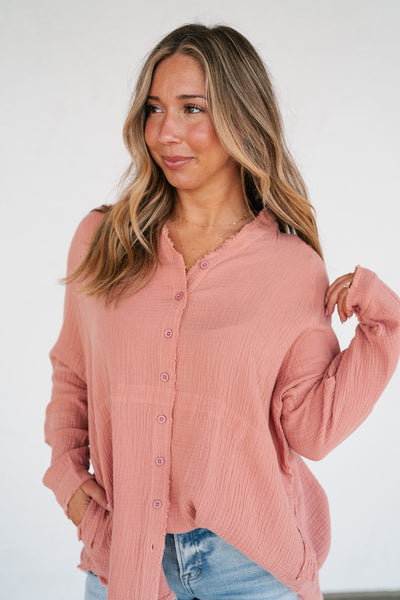 DOORBUSTER: Easy Days Button-Up Top - Dusty Rose