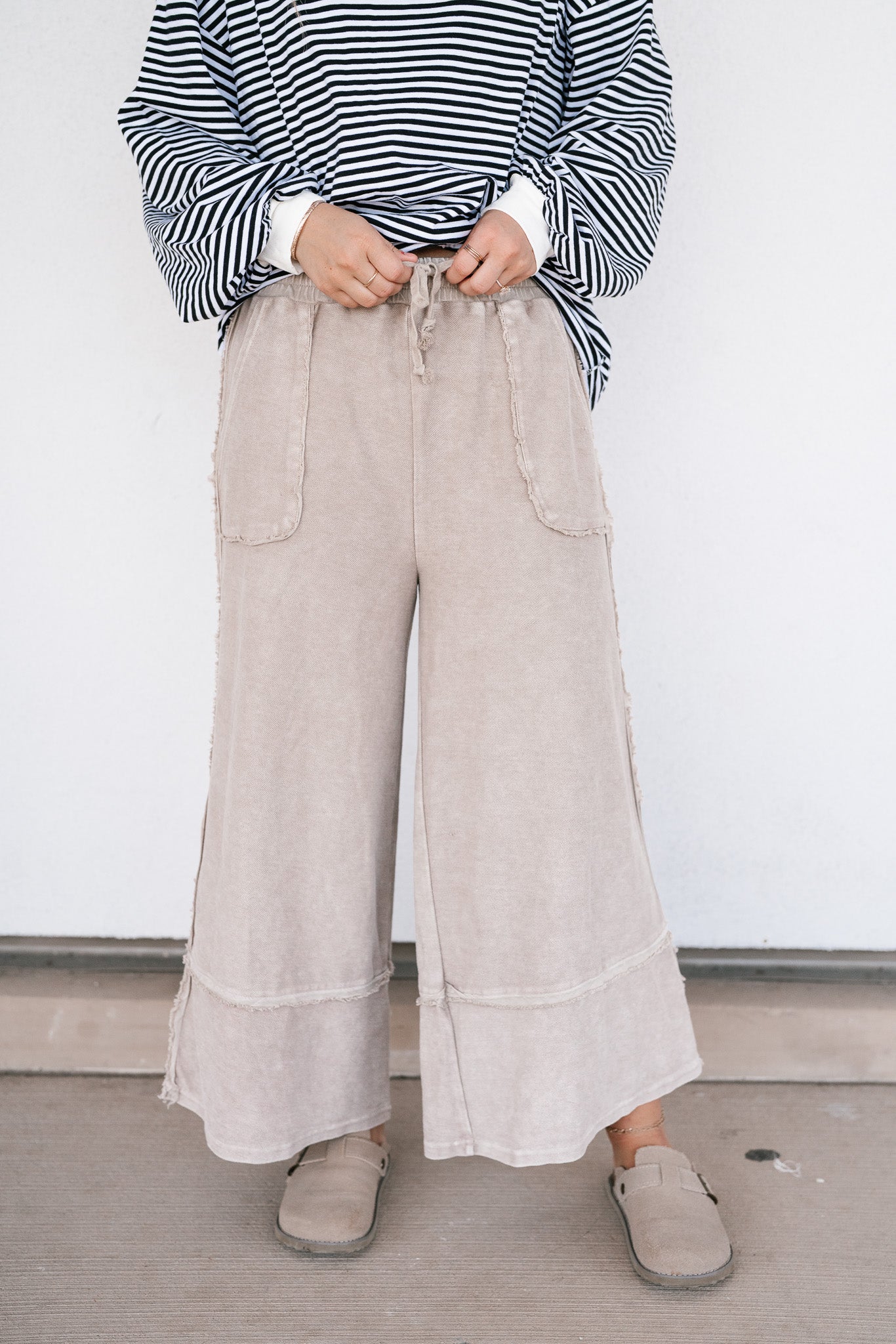 Can't Compete Mineral Wash Wide Leg Pants- Sand