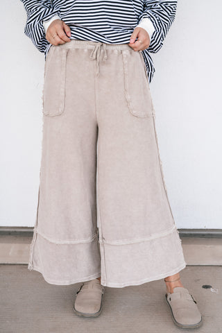 Can't Compete Mineral Wash Wide Leg Pants- Sand
