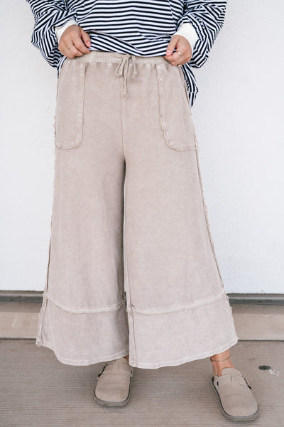 Can't Compete Mineral Wash Wide Leg Pants- Sand