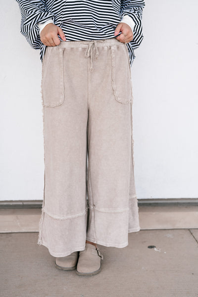 Can't Compete Mineral Wash Wide Leg Pants- Sand
