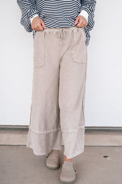 Can't Compete Mineral Wash Wide Leg Pants- Sand